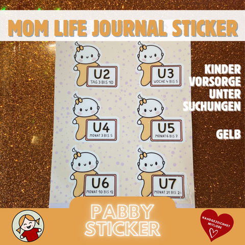 Handgezeichneter Doodle-Stickerbogen A6, mit 6  Aufklebern: BABYS mit gelber Schleife und gelbem Strampler und Schildern mit Nummer und Zeitraum der Vorsorgeuntersuchungen. MOM LIFE Planersticker.