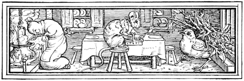 A woodcut-style illustration of a domestic interior. To the right, a bird bringing in firewood. In the centre, a mouse laying the table. To the left, an apron-wearing sausage is cooking the dinner in a pot over the fire.