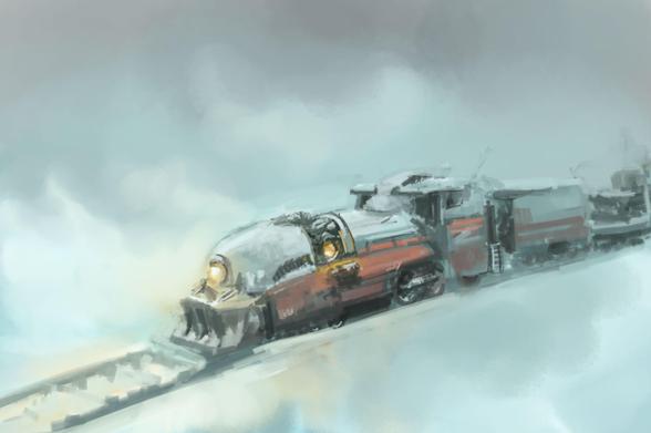 Digital painting of art deco nuclear powered locomotive