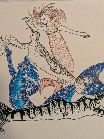 A mermaid in brown, green and violet, and red tests the pointiness of her narwhal mer companion's tusk.