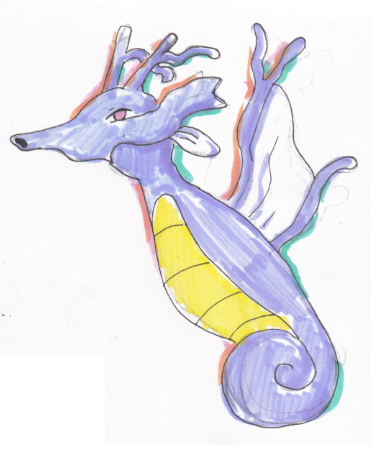 A detailed brush pen drawing of a side-view of Kingdra