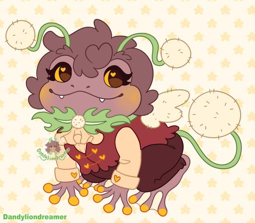 my fursona dandy the dandelion lion redesigned to look like a frog

species: dog turned frog
Head Description: brown hair, 2 dandelion antennaes, yellow eyes, brown skin, 2 white teeth
Body Description: dandelion wings, dandelion tail, yellow tipped fingers
Clothes Description: dandelion bowtie, yellow frilly undershirt, red vest with yellow heart buttons, dark red pants