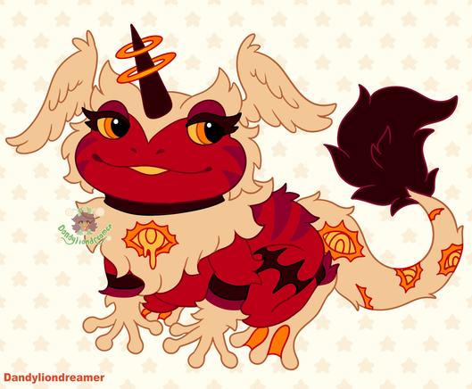 Character: My OC Baraqiel

Species: Angel Devil Horse redesigned to look like a frog
Head Description: white top part of head, unicorn horn with 2 halos on it, 2 wings, red bottom half of hed, yellow orange eyes, yellow mouth, red stripes on cheeks, a froggy smile

Body Description: black neck, yellow fluffy chest with orange yellow eye in the middle, red body skin, with dark red stripes and yellow hands, black stripes on limbs
Tail Description: long white furred tail with orange yellow eyes on it and a black fluffy tip
Clothes Description: no clothes