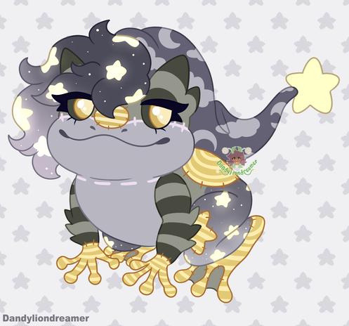 Character: My OC Nappy Pappy
Species: Sleepy Starry Dog redesigned to be a frog
Pose: feral standing up straight
Scene: no scene
Head: starry sky hair with a night gown cap wit hclouds and moons on it with  a star at its tip, yellow eyes, grey and green skin, a patch of yellow fabric on the nose
Body: grey and green skin,  arms are stripes of green with yellow hands and feet, legs are like the hair, a large patch of yellow fabric on the back