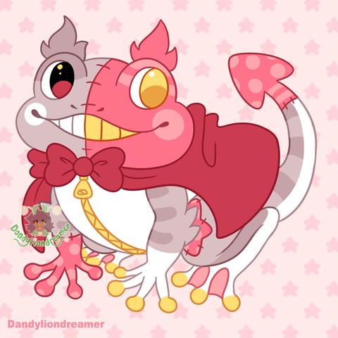 Character: my oc mouse trap
Species: cat plushie redesigned to look like a frog
Pose: standing smiling feral frog
Head: head is split half pink half brown, mouth is split white and yellow, eyes are yellow and black pink
Body: white stomach, yellow zipper dow nmiddle, grey limbs, pink hand on the left, pink star patch on the right leg, tail is grey with white under and a pink patch at the tip
Clothes: bowtie and cape