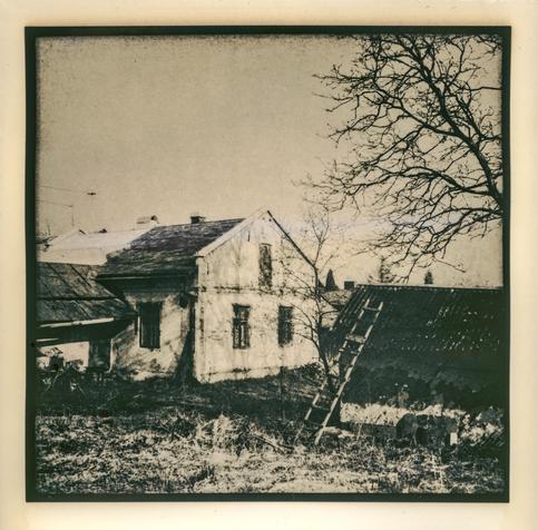 This image is a lith print, a photographic printing process known for its gritty texture, high contrast, and warm or cold tones depending on paper and developer choice. The scene depicts an old rural house, likely in Western Ukraine with weathered white walls and a steep, dark roof.

To the right, a barn with a corrugated metal roof leans at an angle, partially covered by bare tree branches, suggesting it’s late autumn or early spring. A wooden ladder rests against the roof, adding to the rustic atmosphere. The foreground is overgrown with dry grass and weeds, while the background reveals rooftops and distant trees under a pale, cloudy sky.

The lith printing process enhances the mood of decay and nostalgia: shadows are deep and gritty, highlights are soft and creamy, and the entire image has a distinctive vintage look with some edge fogging and chemical staining typical of old or hand-processed prints.