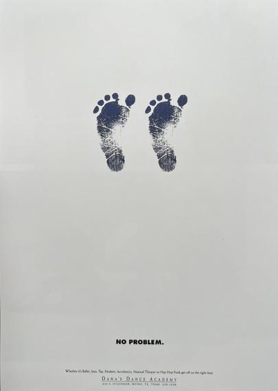 An almost blank page with the imprints of two children's left feet and the small line at the bottom: "No problem. Dana's Dance Academy"