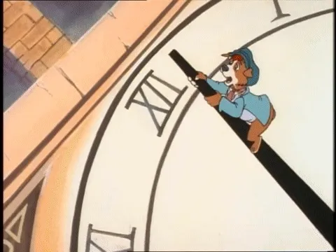 A dog Oliver Twist swings around on one hand of Big Ben and crashes into two cats on the other hand