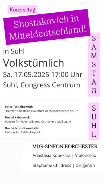 Konzertankündigung mit Programm: Tschaikowsky- Hamletouvertüre, Kabalewski - Cellokonzert, Schostakowitsch - 5. Sinfonie