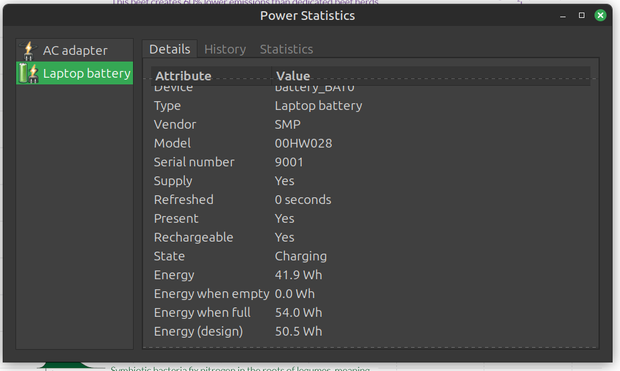 'Power Statistics' window from my laptop. Energy (design) = 50.5 Wh. Energy when full = 54.0 Wh