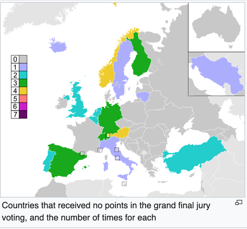 Map showing countries that received no points in the grand final jury voting, and the number of times for each