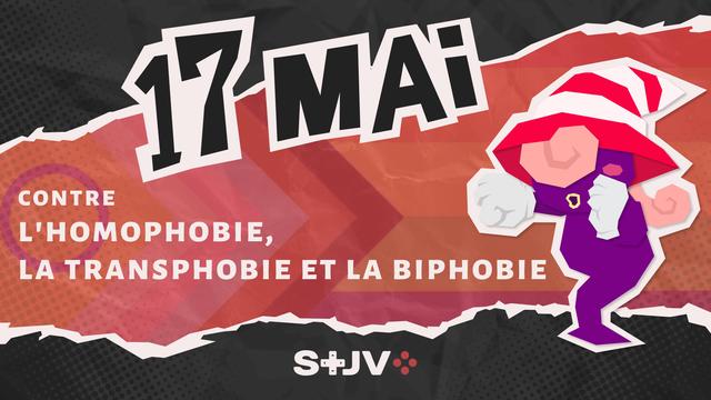 Sur fond noir, un accent rouge avec une photo du drapeau LGBT progressiste en fond traverse l'image. En haut, en titre, "17 mai" est écrit en lettre d'imprimerie stylisées (à la Persona 5). Sur l'accent rouge est écrit "contre l'homophobie, la transphobie et la biphobie". À droite, une version stylisée de Vivian, personnage transgenre de Papier Mario, dans une position de boxe. En bas au milieu, le logo du STJV.