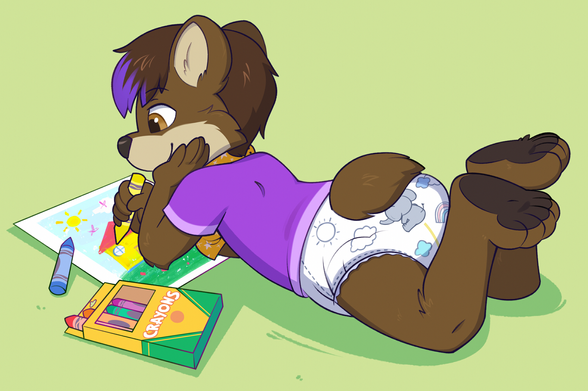 Sascha the little bearkitty, an anthro bear-lynx hybrid with brown fur and a purple streak in his hair, is lying on the floor, drawing a picture with some crayons. The picture is a basic house and garden, sun and some crude butterflies.
Sascha is wearing a purple t-shirt, a yellow bandana and modern printed diaper