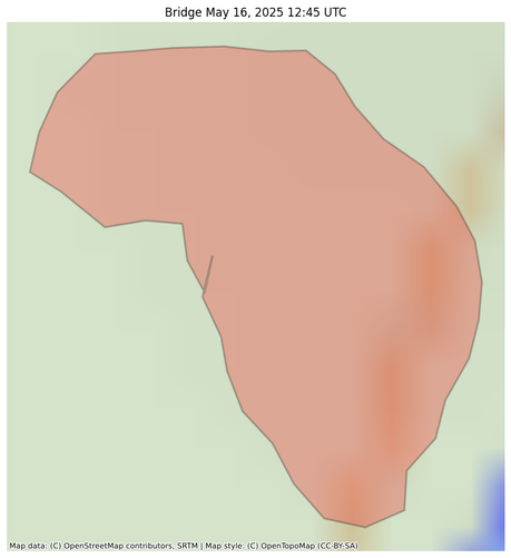 Visual map representation of the Bridge wildfire, showing the perimeters of the 0.22613487918951167 acre fire on a map.