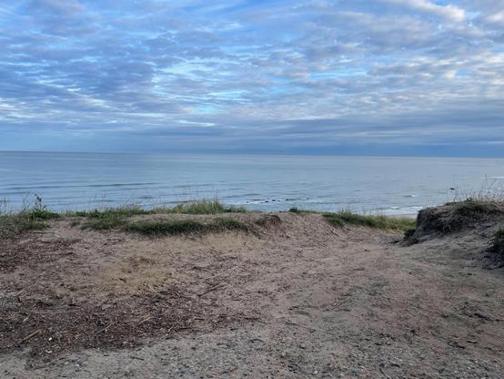 This image shows a peaceful coastal landscape. In the foreground, there is a sandy path leading towards the edge of the coast, flanked by small sand dunes with patches of grass. Beyond the path, the calm sea stretches towards the horizon under a sky filled with textured, soft blue clouds. The scene conveys a tranquil and natural setting, likely in the early morning or late afternoon based on the soft lighting.