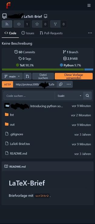 Screenshot eines Git-Repositorys für eine Latex-Template für Briefe mit der Klasse scrlttr2. Nach dem letzten Commit besteht die Codebase aus 90 % TeX und 10 % Python.