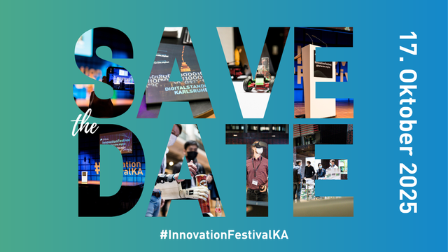 Der Schriftzug Save the Date hinterlegt mit Bildausschnitten der vergangenen Events. #InnovationFestivalKA und das Datum 17. Oktober 2025 auf blaugrünem Hintergrund