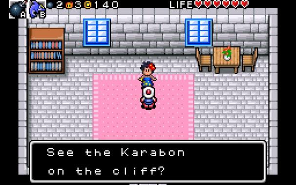 A screenshot from Bomberman Tournament, bomberman is talking to a lady inside her house. She starts the  conversation with
"See the Karabon on the cliff?"