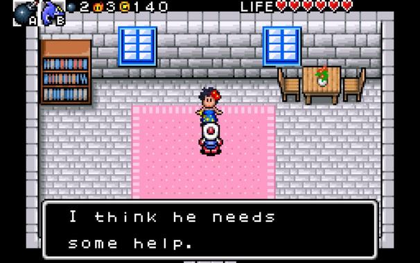 A screenshot from Bomberman Tournament, bomberman is talking to a lady inside her house. The lady continues
"I think he needs some help"