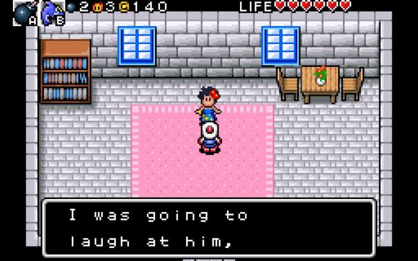 A screenshot from Bomberman Tournament, bomberman is talking to a lady inside her house. She then says, "I was going to laugh at him,"