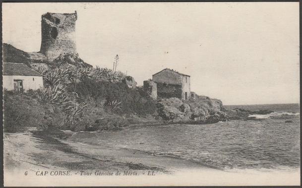Printed monochrome postcard showing a view of the Tour de Méria at Meria on Cap Corse in Corsica.

Published by Lévy et Neurdein Réunis, Paris, No LL 6, c.1920s.

Postally unused.

Very good condition, with minimal corner bumps and light album marks.