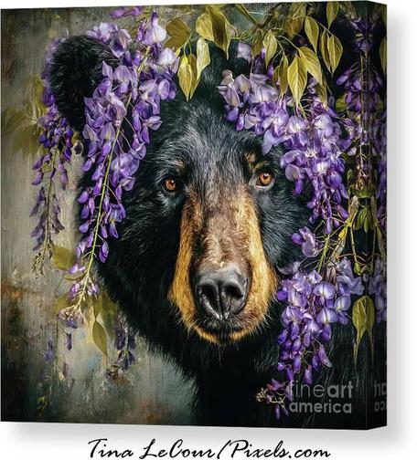 This is a canvas portrait of a black bear in some spring wisteria flower.