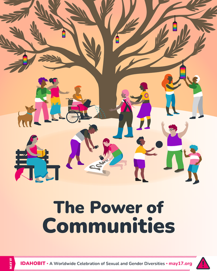Illustration showing a large tree with wide branches, surrounded by diverse LGBTQIA  people engaging in community activities under the theme “The Power of Communities.” People are shown watering the tree, painting a protest sign, playing, reading, and hanging rainbow lanterns. A small dog stands beside two people on the left. The background is a soft pink and orange gradient. The scene conveys care, solidarity, and joyful collaboration. At the bottom, the text reads “The Power of Communities.” A pink banner underneath includes “IDAHOBIT – A Worldwide Celebration of Sexual and Gender Diversities – may17.org” and a pink triangle with an exclamation mark, which is the logomark of IDAHOBIT.