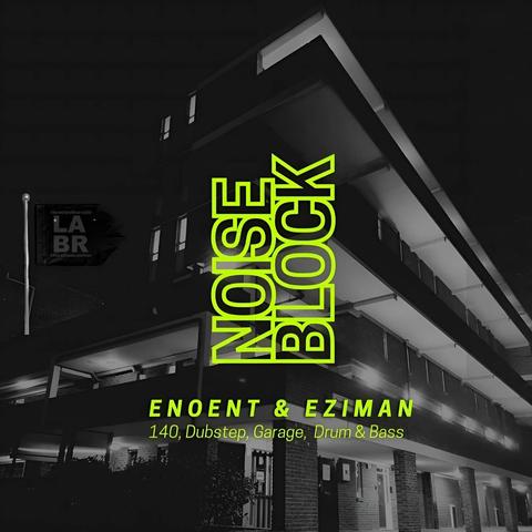 Block of grey flats at night with a flag on the left side of the top of the building with to LABR logo in black and white.  The words noise block in lime green in the middle of the image representing the name of the show written out in lime green as well as the names enoent & eziman
