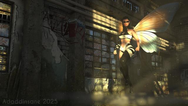 We're in a disused warehouse, with low sunlight cutting in through broken windows. There is mist and dust in the air.

Highlighted by the sun's rays is a humanoid female figure with huge fairy wings , hovering above the floor, blowing up dust.

She's wearing a futuristic black and white costume which leaves her left arm and right leg uncovered, as well as most of her midriff. She has a pair of black boots.

She's wearing some sort of hi-tech black wrap-around glasses, and she's looking at you.