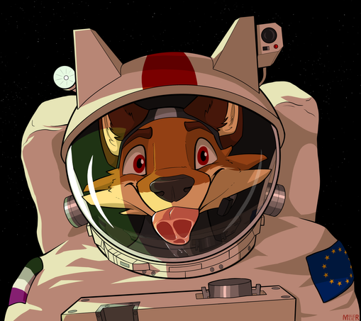 Digital drawing of a fox furry astronaut with a silly grin licking his helmet from the inside.