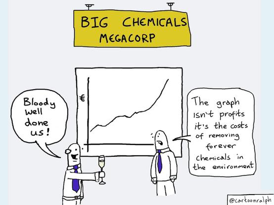 Cartoon shows a big yellow banner saying: Big Chemicals Megacorp. In the image there is a graph on the wall with an upwards axis depicting euros and the graph has a steep upwards trajectory. A suited man on the left is holding a full champagne glass and saying “Bloody well done us!” The suited man on the right looks worried and is saying “The graph isn’t profits; it’s the costs of removing forever chemicals in the environment”. Cartoon by @CartoonRalph