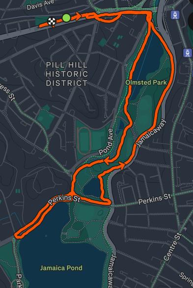 Strava map of run, about 3.4 miles/ 5.5km through Olmstead park and a bit of Jamaica pond