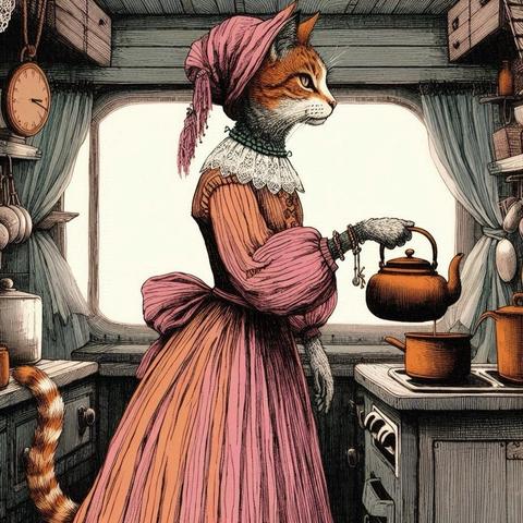 KI-Bild (DALL•E3):

Katz steht in der Schiffsküche und macht frischen Tee. Hoffentlich wirkt er bald!