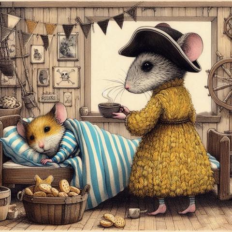 KI-Bild (DALL•E3):

Hamster Holly liegt seekrank in der Koje. Ihm ist soooo schlecht, nicht mal der Schiffszwieback lockt zum Knurpsen! Miss Meeps bringt wieder frischen Tee und hofft, dass Holly bald wieder fit ist.
