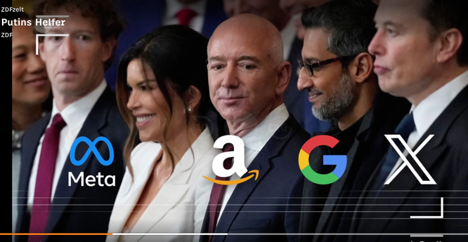 Screenshot aus ZDF-Video
Bild der reichsten Männer der Welt, die big Tech-Konzerne verkörpern, und bei der Amtseinführung von Donald Trump hinter ihm stehen: Zuckerberg Bezos Google-CEO und Musk ...
