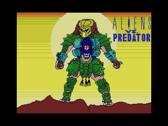 SAM Coupé screen grab. Artwork by HEXdidn't... colourful alien illustration. text reads "Aliens vs. Predator". See https://zxart.ee/eng/authors/h/hexdidnt/avp-loading-screen-sam-v2/