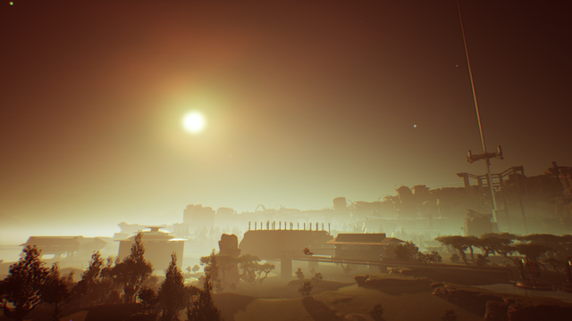 A sunrise through an orange haze reveals the factories sprawling through the land.