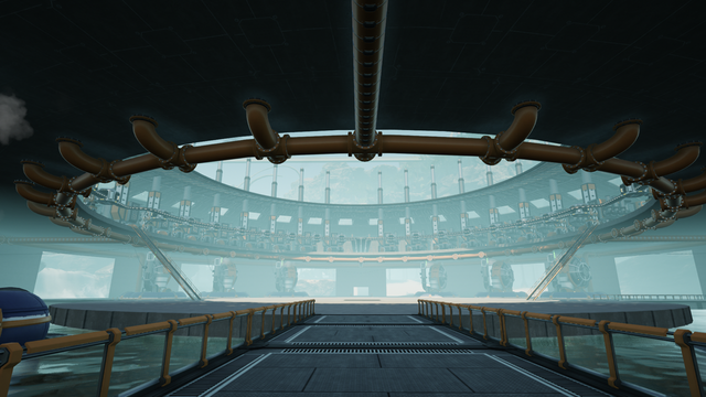 The view from the ground floor of the coal power station. A ring of 32 coal generators and 12 water extractors floating in the middle of a crater lake.