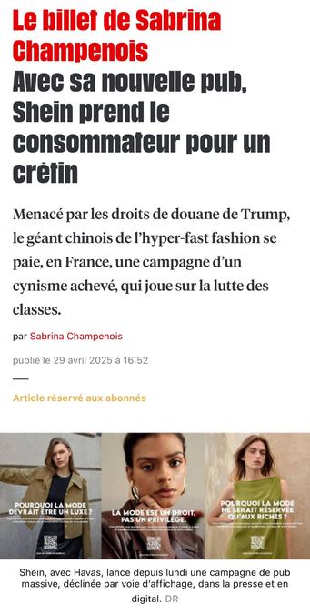 Copie d’écran du début de l’article de Libération où l’on peut lire sous les pub de Shein des trucs hallucinants du genre « pourquoi la mode devrait-elle être un luxe » ou « la mode est un droit, pas un privilège »