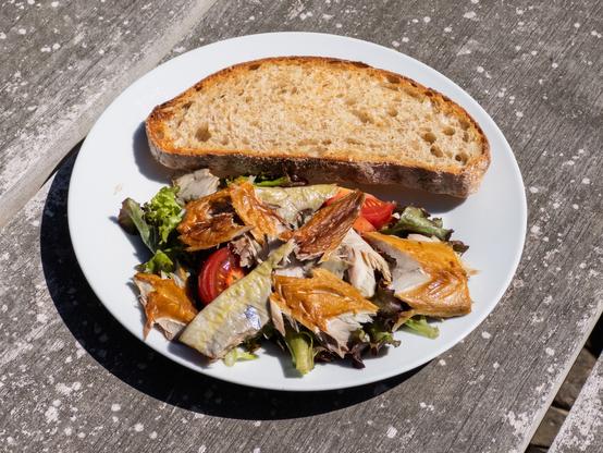 A salad with smoked fish and a slice of bread on a white plate.