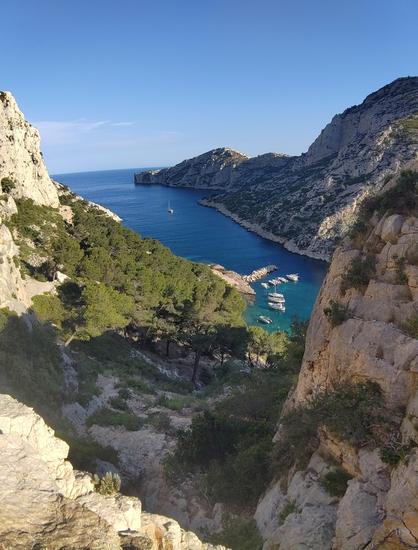 Sur le sentier "diffile" entre Morgiou et le col des Escampons. La photo est prise juste après le "pas", deux-trois mouvements d'escalade en 3, assez vertical, avec un chaine fixe. Je comprends mieux la peur d'une amie que j'ai envoyé là  4 jours avant seule 😅😅😅


On voit au premier plan le mini cirque rocheux calcaire, en contrebas la végétation avec des grands pins décore la calanque de Morgiou avec son eau turquoise et son mini port avec des petits bateaux.

Sur la gauche de la calanque on voit s'élever une falaise blanche assez verticale.
Sur la droite, le cap Morgiou qui s'étend dans la mer en un mélange de végétation et de falaises.

Le ciel toujours aussi bleu et dégagé.

Le décor est splendide :)