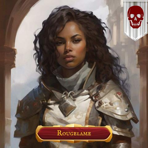 Femme à la peau brune, aux cheveux ondulées, dans une armure complète de couleur claire. Encart de texte : Rougelame, nom du personnage.