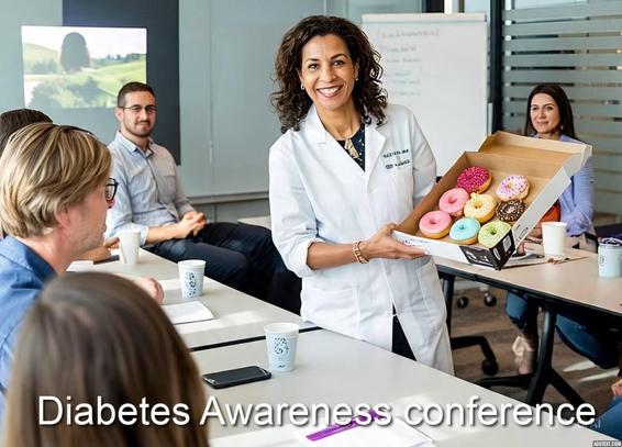 A woman in a lab coat presents a box of colorful donuts at a Diabetes Awareness conference. Several attendees are seated around a table, engaged in the event.