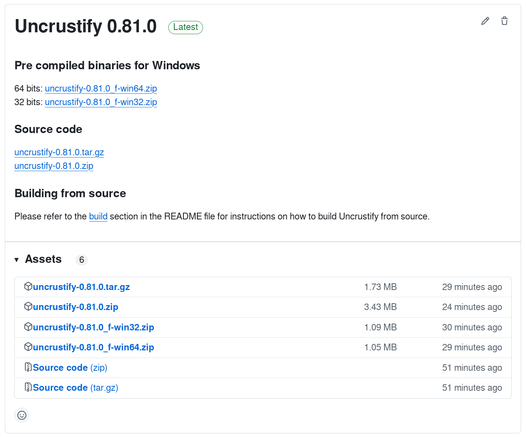 Screenshot of Uncrustify 0.81.0 release announcement