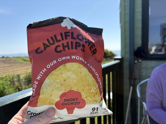 A pack of cauliflower chips vegan chorizo flavor. The rear of the pack contains the hashtag #staywonky