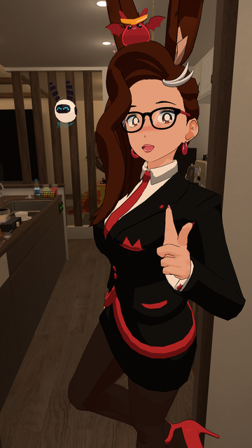 Bunnyhearted, a white retro anime bunnygirl villain vtuber with brown floofy hair, glasses, and a cool slime on her head leans on a wall and poses in a vr cafe! She's wearing a black and red suit.
