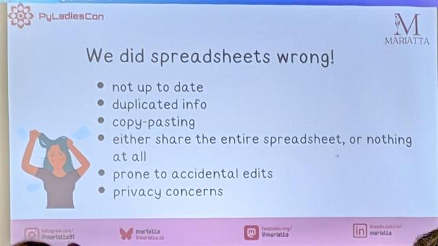 a slide says

We did spreadsheets wrong!

not up to date

duplicated info

copy-pasting

either share the entire spreadsheet, or nothing at all

prone to accidental edits

privacy concerns