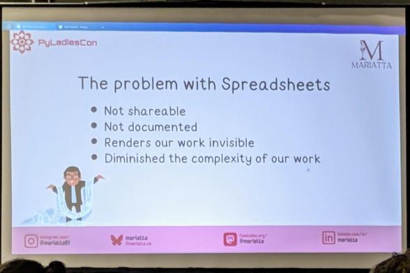 a slide says

The problem with Spreadsheets

Not shareable

Not documented

Renders our work invisible

Diminished the complexity of our work