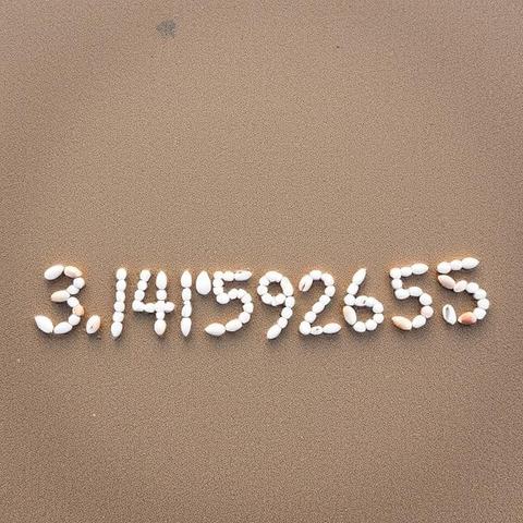 The first ten digits of pi written in the sand on a beach with seashells, with one mistake.