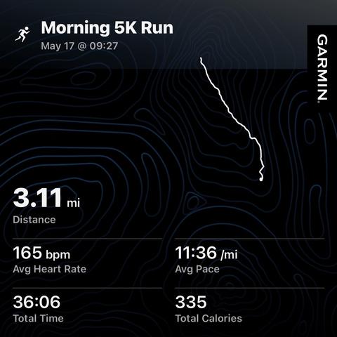 Statistics from a 5K run, displayed with a generic topographic background unrelated to the route/course. The course is also displayed in the middle right. Details include a distance of 3.11 miles, average heart rate of 165 bpm, average pace of 11:36 per mile, total time of 36:06.
